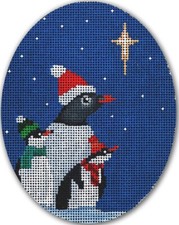 Needlepoint Handpainted Christmas CBK Penguins w/ North Star 4x5