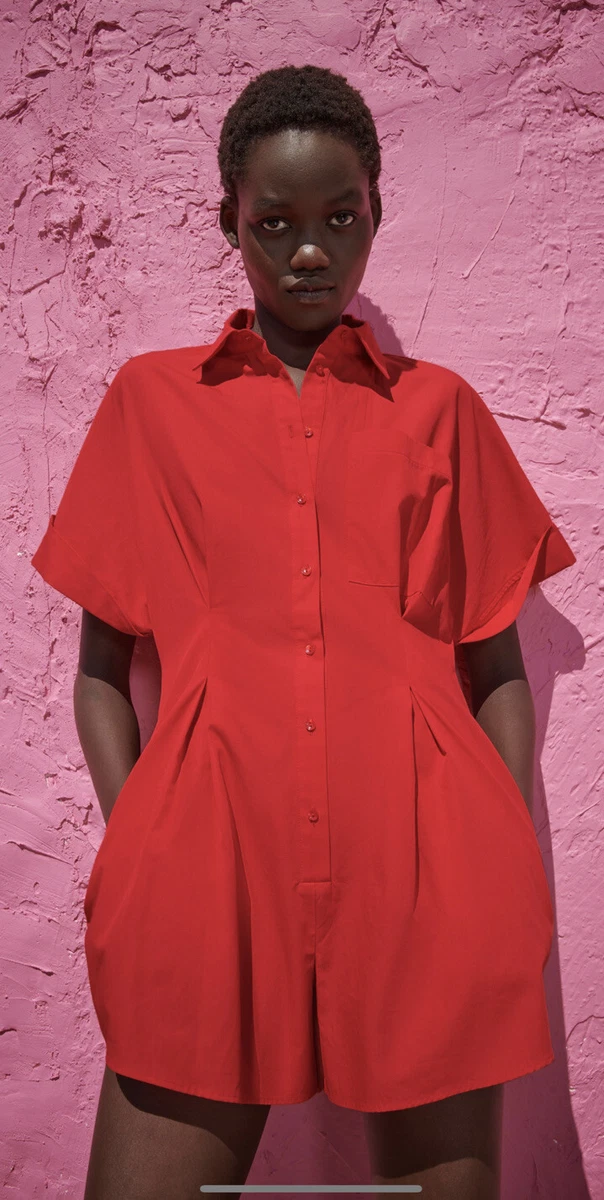 NWT Zara Poplin Short Jumpsuit Romper Sleeve Size Small Red Fitted