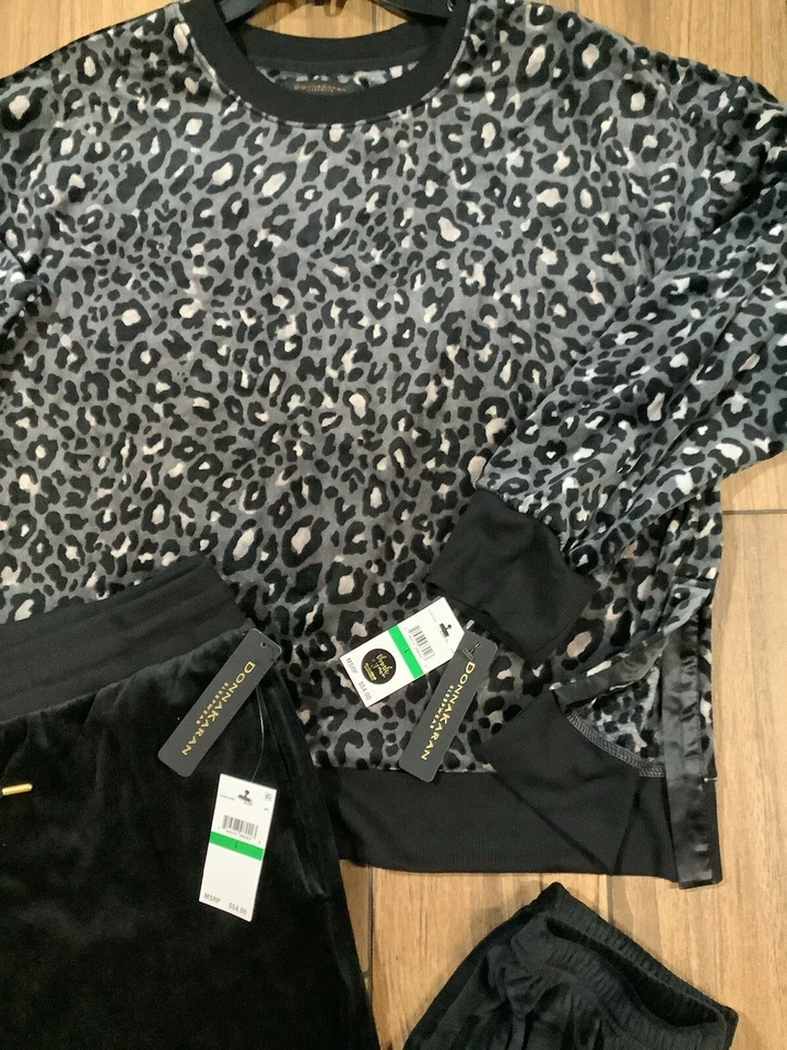 Donna Karan Ropa de Dormir Conjunto de Salón Talla Grande Acogedor Terciopelo Gris Negro Estampado Animal Foto 3 de 4