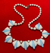 Collier Vintage Exquis Choker En Perles Blanches Et Bleues En Verre 16" DE 7