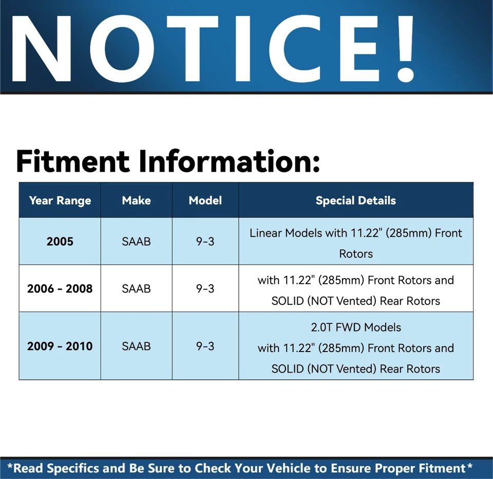 11.22" Front 10.94" Rear Brake Rotor Ceramic Pad for 2006 - 2010 Saab 9-3 - Image 2 of 4