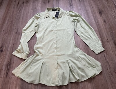 Boohoo Petite Godet Hem Long Sleeve Mini Shirt Dress Sage Green US Size 6  New | eBay UK