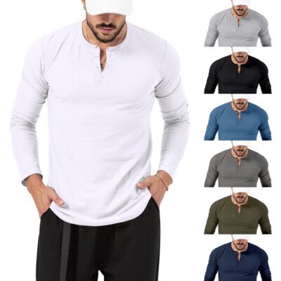 Mens Casual Long Sleeve T-shirt Grandad Henley V Neck Button Solid Tee Shirt DE