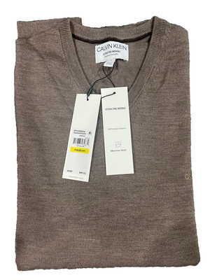 NWT Calvin Klein Men's Brown  extra fine merino  sweater V neck long sleeve sz M