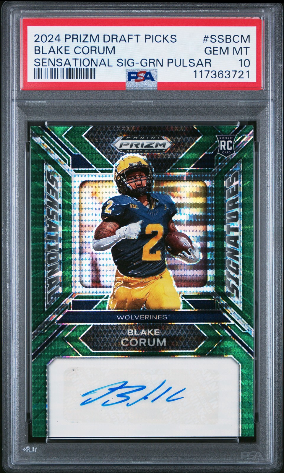 Blake Corum Panini Prizm Draft Picks Sensational Signatures #SSBCM Green Pulsar