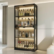 Black Modern Storage Cabinet with Doors, Lighted Glass Showcase Display Cabinet