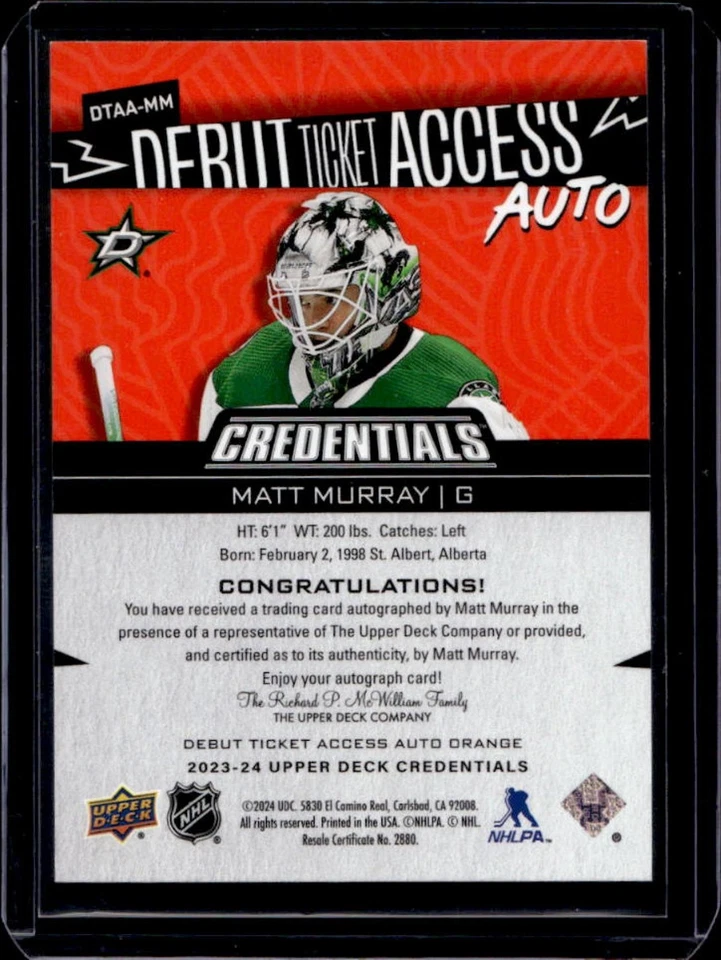 2023-24 UD Credentials Matt Murray Debut Ticket Auto Orange RC #29/45 - Image 2 of 2