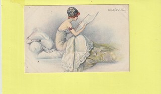 CPA ILLUSTRATEUR ALBERTINI FEMME EN DESHABILLE LIT UN JOURNAL DANS SON LIT