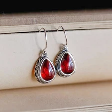 925 Silver Needle Hand Inlaid Teardrop Red CZ Retro Dangle Fashion Earrings
