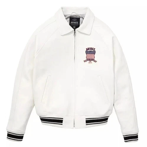 Chaqueta de cuero de vaca genuina estilo vuelo bombardero americano blanca Avirex para hombre Foto 2 de 4