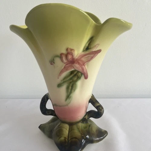 Vintage Hull Woodland Chartreuse Pink Pottery Handled Vase, 1950s, Marked, 8.75"