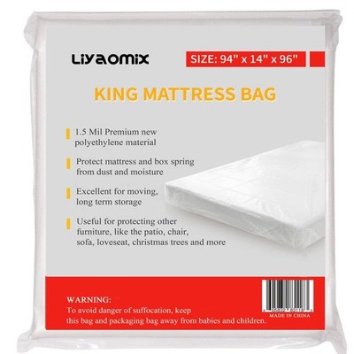 King Mattress Bag for Moving and Disposal, 1.5 Mil 94'' x 96'' Clear Plastic Ma...
