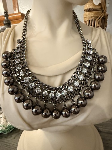 Gunmetal Statement Bib Necklace White Crystal Accents Curb Chain Adjustable