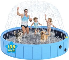 Foldable Dog Pool W/ Sprinkler 106" Extra Large Non-Slip Dog Swimming Pool