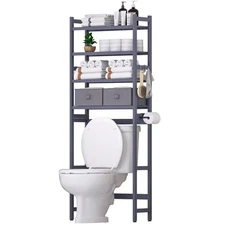 Over The Toilet Storage with 2 Baskets, 4-Tier Bamboo Organizer Rack with Pap...