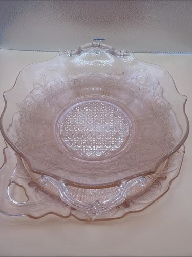 Vintage Pink Depression Glass Cherry Blossom Platter & Handled Fruit Bowl Set