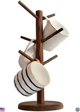 Dorhors Wooden Mug Holder Tree with 6 Hooks - Coffee Cup Rack for Countertop
