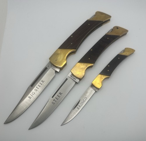 Lot Of 3 Vintage 1980s Valor Japan Wood Handle Lockback Folding Knives Big Steer