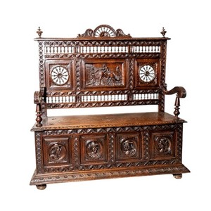 19th Century French Brittany Breton Hand-Carved Oak Banquette Bench Settee