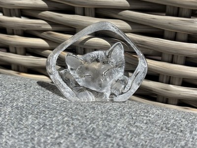 Mats Jonasson Sweden Signed Crystal Glass Cat Kitten Paperweight Sculpture 3512