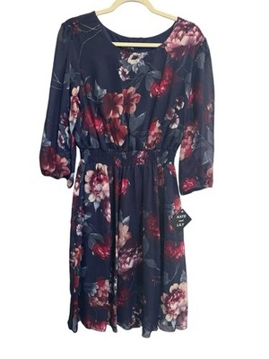 NWT Kate and Lily 14 Elegant Navy Burgundy Floral Dress Smocked Waist #6801