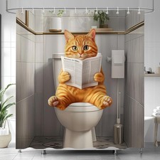 Funny Cat Shower Curtain    Cute Humorous Cat Sitting On Toilet Reading Newspa...