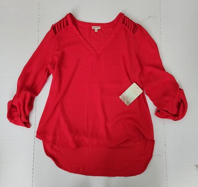 Lily White Bright Red Blouse Top Women's Size Large Long Sleeve V Neck