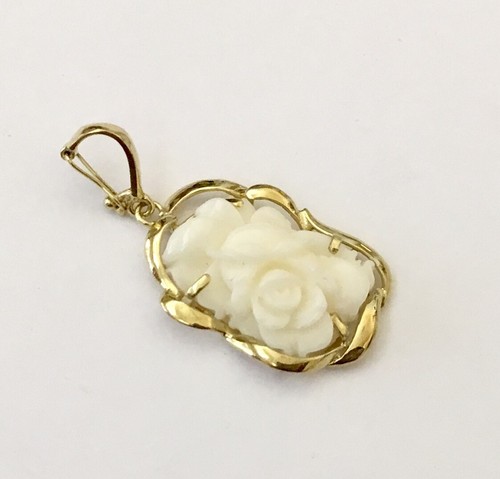 Genuine Natural White Coral Hand Carved Flower 14K Yellow Gold Pendant Enhancer - Picture 3 of 8