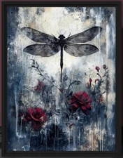 Dark Cottagecore Dragonfly Fine Art Print #1 Canvas, Frame, Gothic Floral Decor