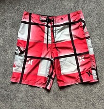 Men's HURLEY Red Plaid Cargo Swim Bottom Board Shorts W/ Pockets - Size: 30