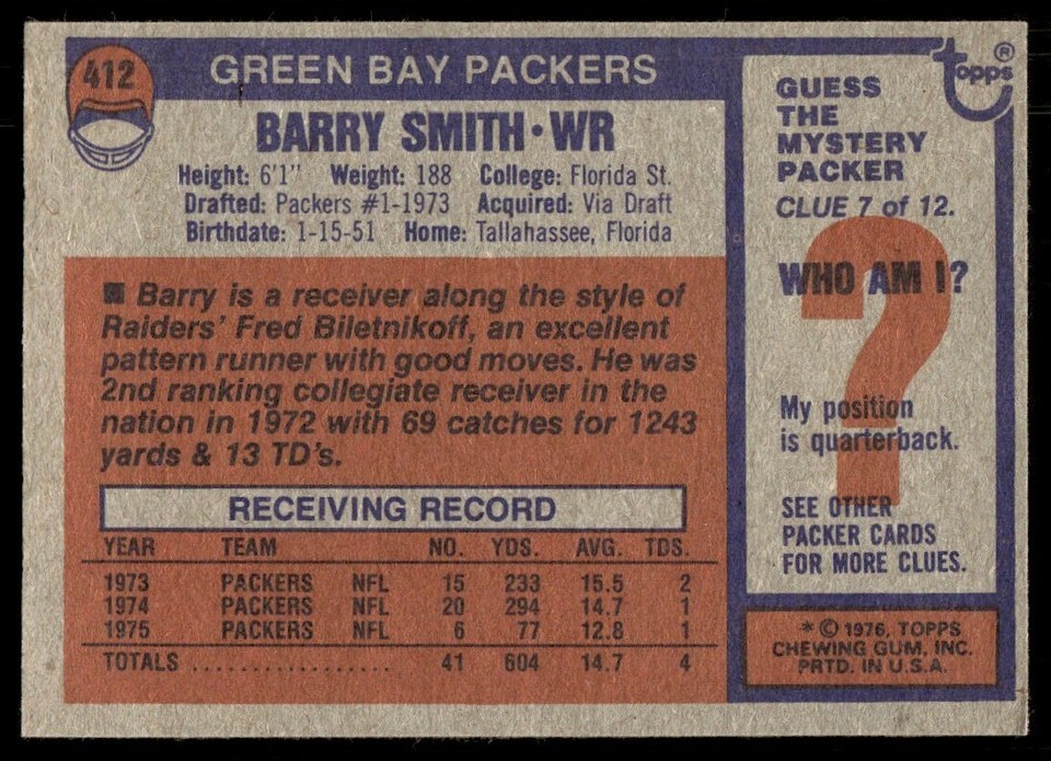 1976 Topps Football Card Barry Smith Green Bay Packers 412 NM eBay