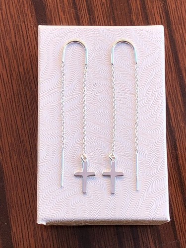 925 Sterling Silver Cross Threader Earrings Tiny Plain Cross 10.5mm 53mm/2.09" - Picture 2 of 9