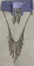 Claire's Waterfall Rhinestone Necklace Earrings Set Women's Silver New with Tags