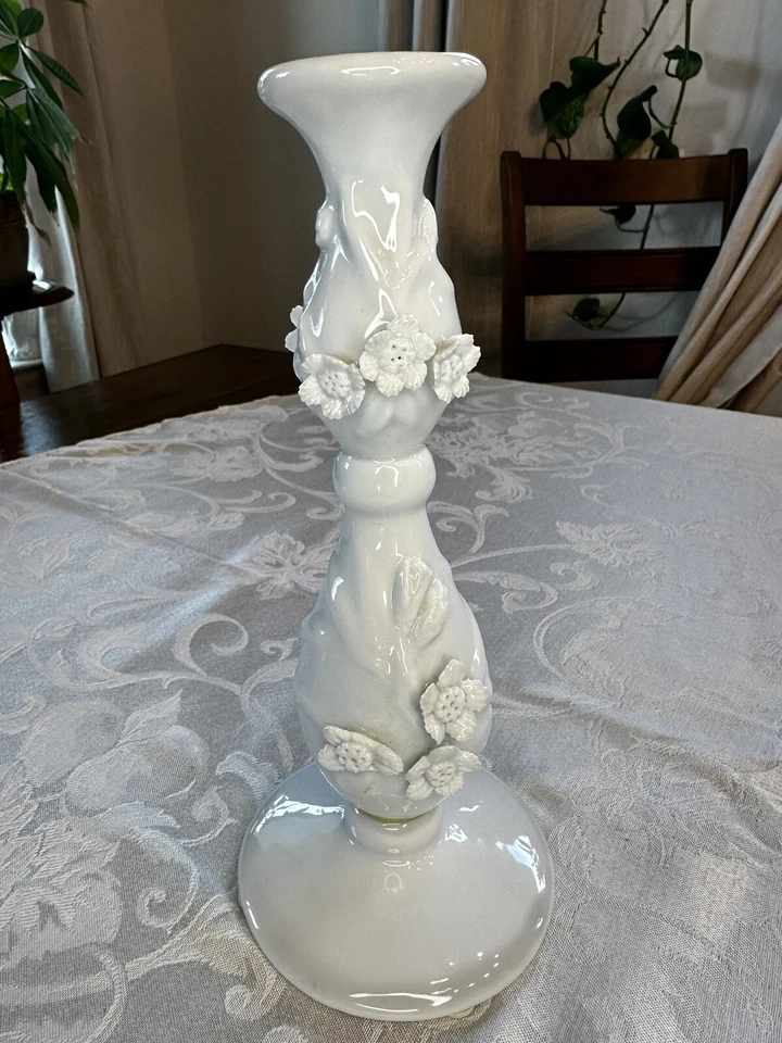 TOZAI HOME Taper Candlestick Holder White Porcelain Flower Blossoms - Image 3 of 4