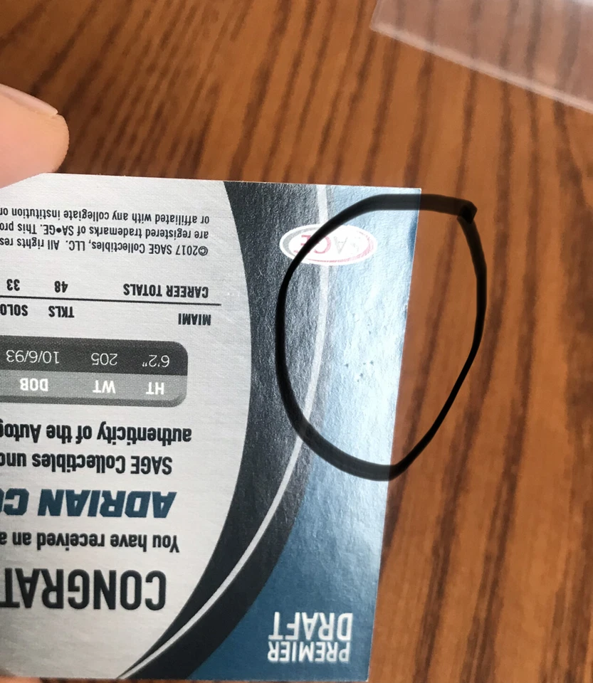 2017 SAGE HIT Premier Draft Autographs Adrian Colbert #A20 Miami Hurricanes - Image 3 of 3