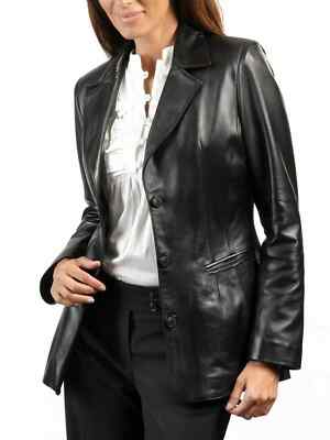 Modisch Damen Schwarz Leder Blazer Pure Schafsfell Freizeit Slim Fit Mantel