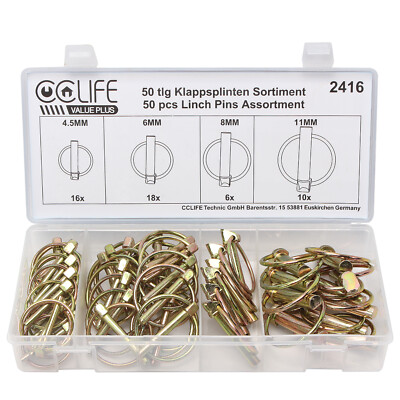 Klappstecker Klappsplinte Klappsplinten Sortiment Bolzen 4,5-6-8-11mm 50 tlg KFZ