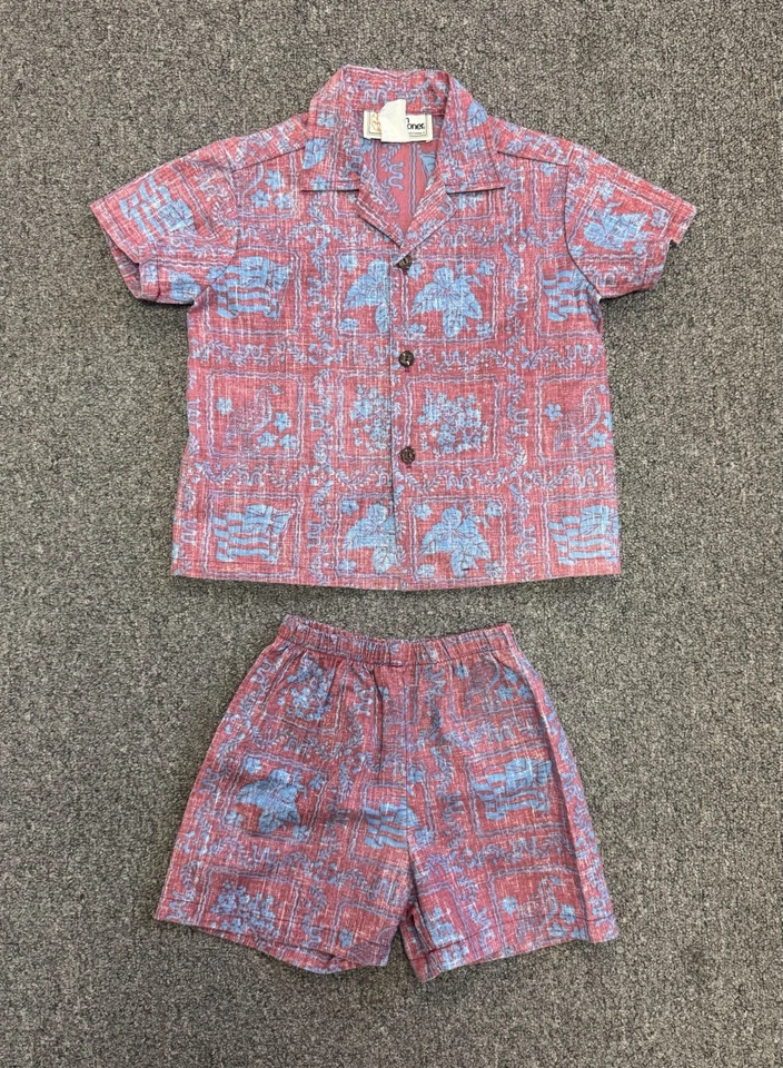 Set camicia e pantaloncini hawaiani bambini Reyn Spooner stampa vintage nuovi senza etichette - Immagine 3 di 4