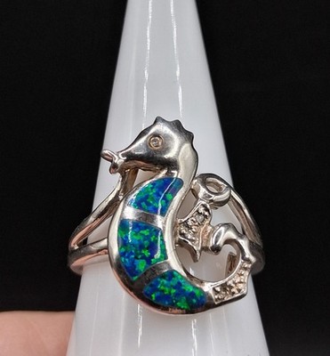 Blauer Opal Seepferdchen Ring Größe 9,25 Strand Ozean Motiv Sterlingsilber
