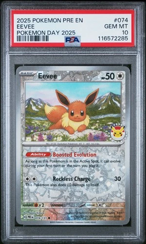 2025 POKEMON PRE EN-PRISMATIC EVOLUTIONS POKEMON DAY 2025 #074 EEVEE PSA 10