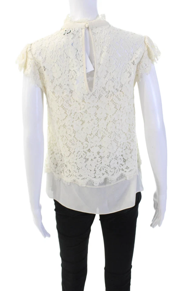 Blusa Top Rachel Zoe Mujer Floral Cuello Encaje Manga Corta Forrada Crema Talla 6 Foto 4 de 4