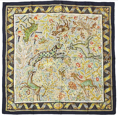 Hermes Scarf Stole Pavement Mosaique Tile Black Animal Silk Woman Auth Carre 90