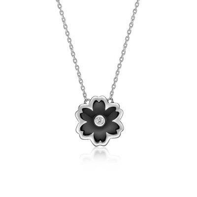 Blume Anhänger mit schwarzem Onyx und Saphir in Sterlingsilber - 18 Zoll lang