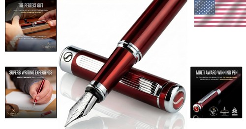 Elegant Deep Red Brass Fountain Pen with Chrome Finish and Fine Nib - Gift Ready - Foto 2 di 11