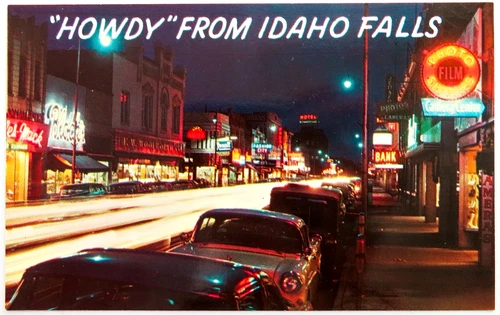 Park Avenue Idaho Falls Postcard Vintage Chrome Night Street Scene Neon Sign Car