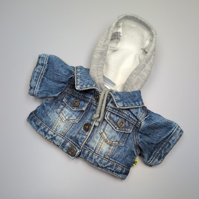 Build A Bear Blue Denim Jeansjacke mit grauem Hoodie Fleece gefüttert Kapuze Vintage