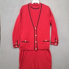 Talbots Red Merino Wool Cardigan Sweater Dress Set With Pearl Buttons XL
