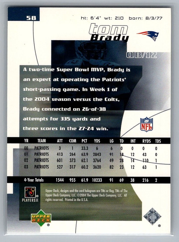 2004 Upper Deck Finite HG Tom Brady #58 - Image 2 of 2