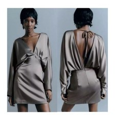 Zara Womens S Voluminous Sleeve Satin Effect Dress Deep V-Neck Green Open NWT