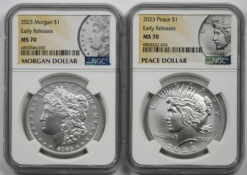 2023 $1 Morgan Peace Silver Dollar 2pc Set NGC MS70 E/R Morgan & Peace Label